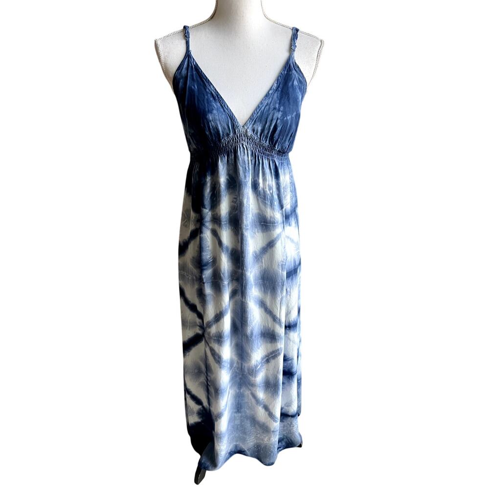 Lucky Brand Indigo and White Tie-Dye Smocked Midi Dress